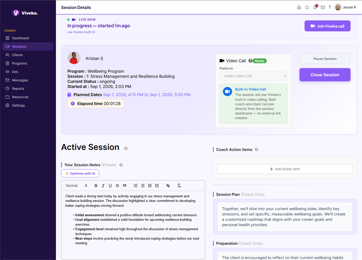 Live coaching session with notes and client portal