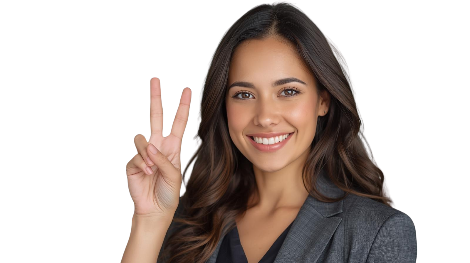Professional coach smiling and raising the Viveka V-hand gesture